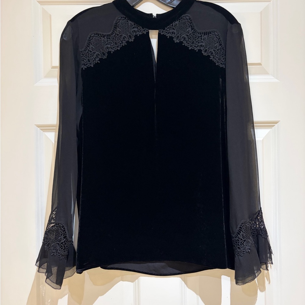 Tahari Black velvet rope w illusion sleeves.